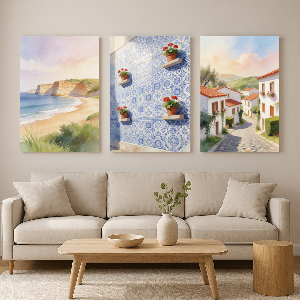 Mediterranean Wall Art Set – Coastal Beach, Portuguese Tiles & Village Street Prints