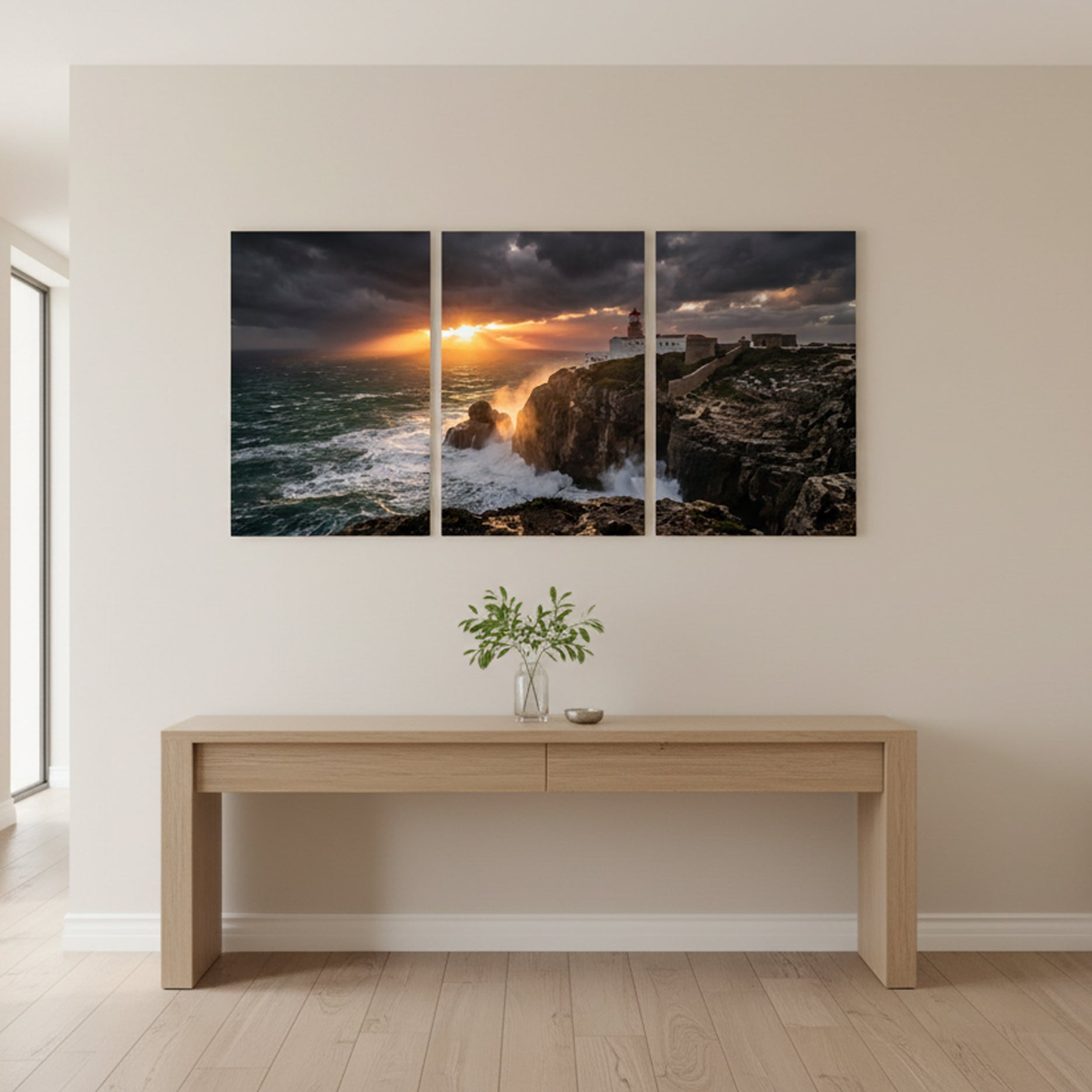 Cabo de São Vicente lighthouse triptych canvas wall art – dramatic storm sunset, crashing waves and cliffs, Algarve Portugal - Portugal Canvas Co