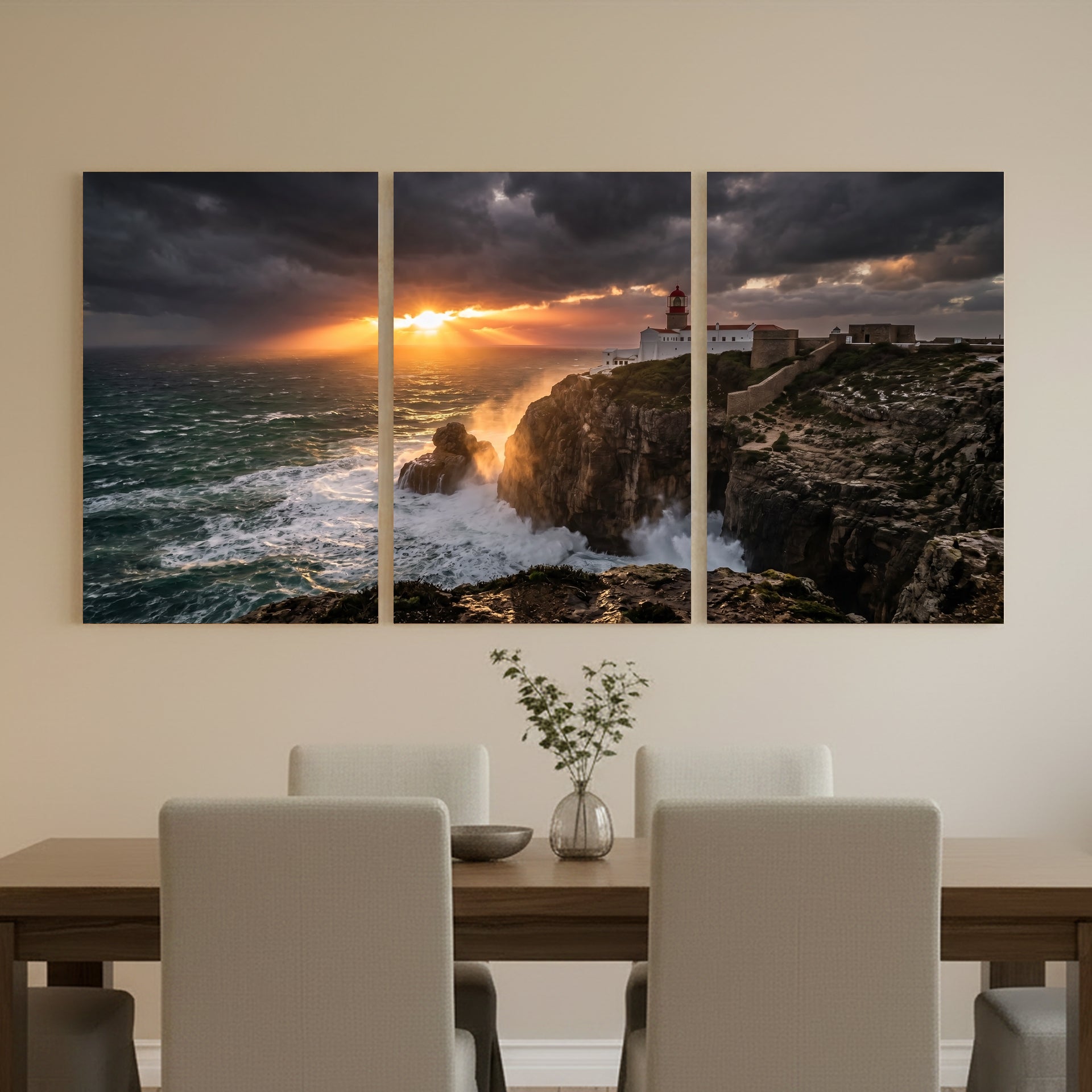 Cabo de São Vicente lighthouse triptych canvas wall art – dramatic storm sunset, crashing waves and cliffs, Algarve Portugal - Portugal Canvas Co