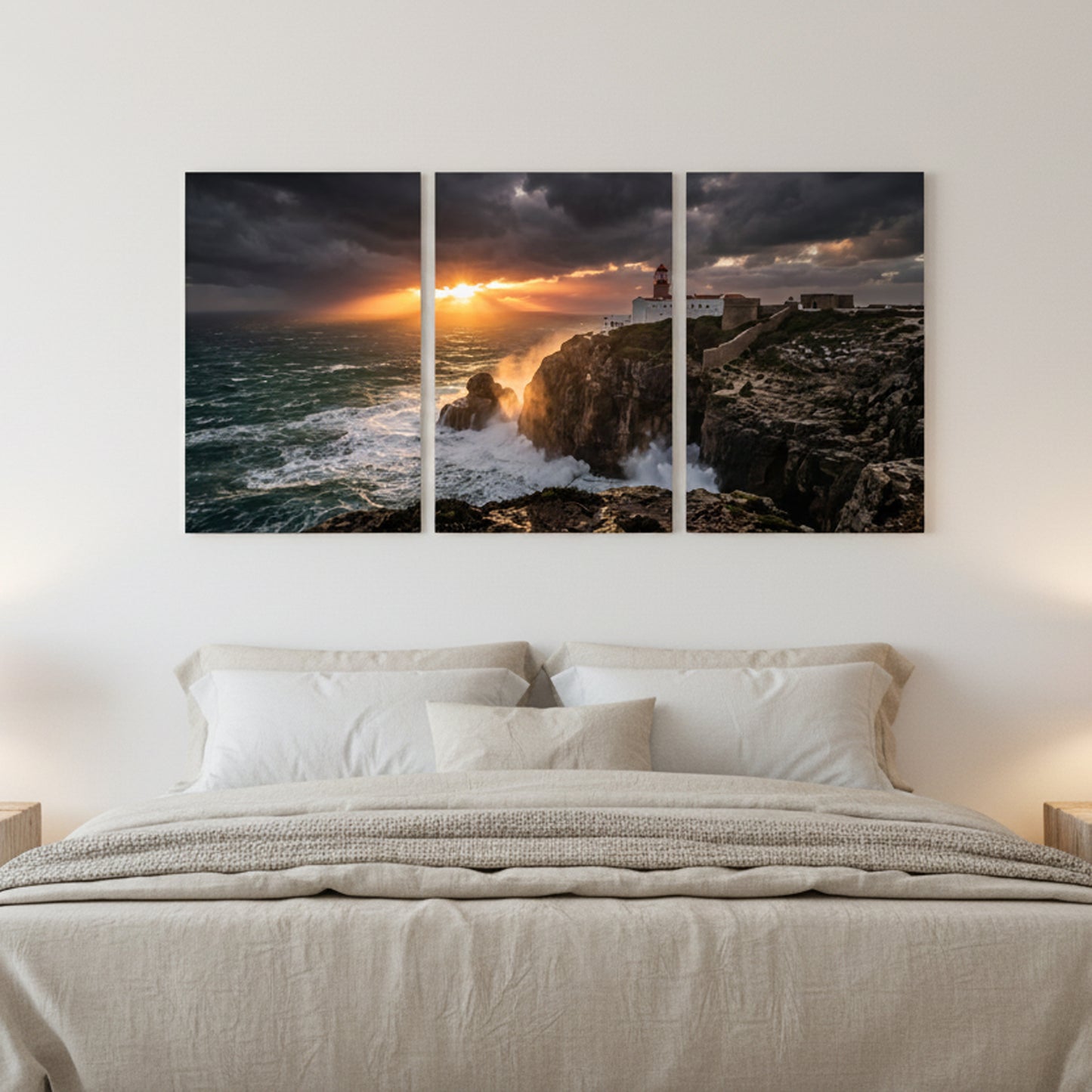 Cabo de São Vicente lighthouse triptych canvas wall art – dramatic storm sunset, crashing waves and cliffs, Algarve Portugal - Portugal Canvas Co