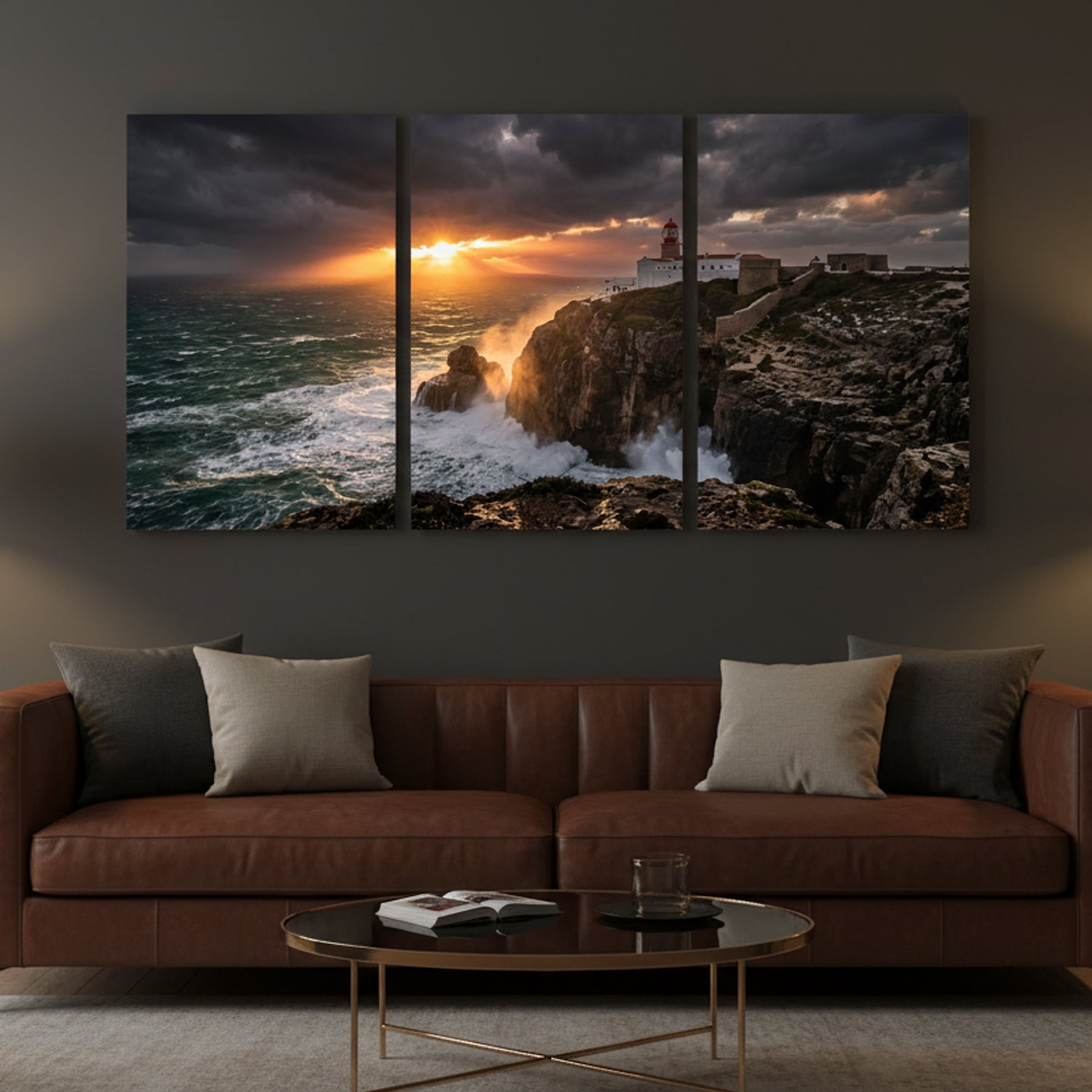Cabo de São Vicente lighthouse triptych canvas wall art – dramatic storm sunset, crashing waves and cliffs, Algarve Portugal - Portugal Canvas Co