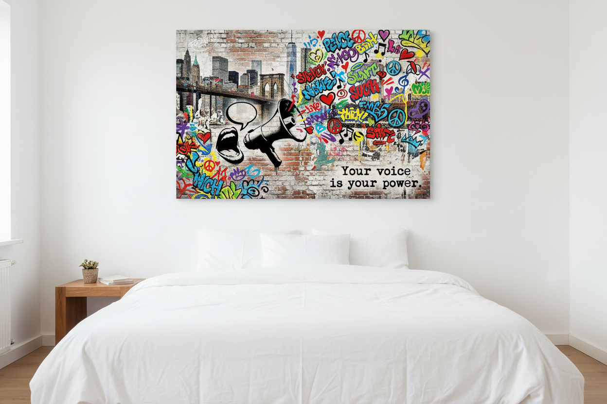 Your Voice Is Your Power Banksy-style graffiti canvas wall art with megaphone, speech bubble and vibrant colourful tags on a brick wall displayed above a bed in a bright modern bedroom - Portugal Canvas Co

