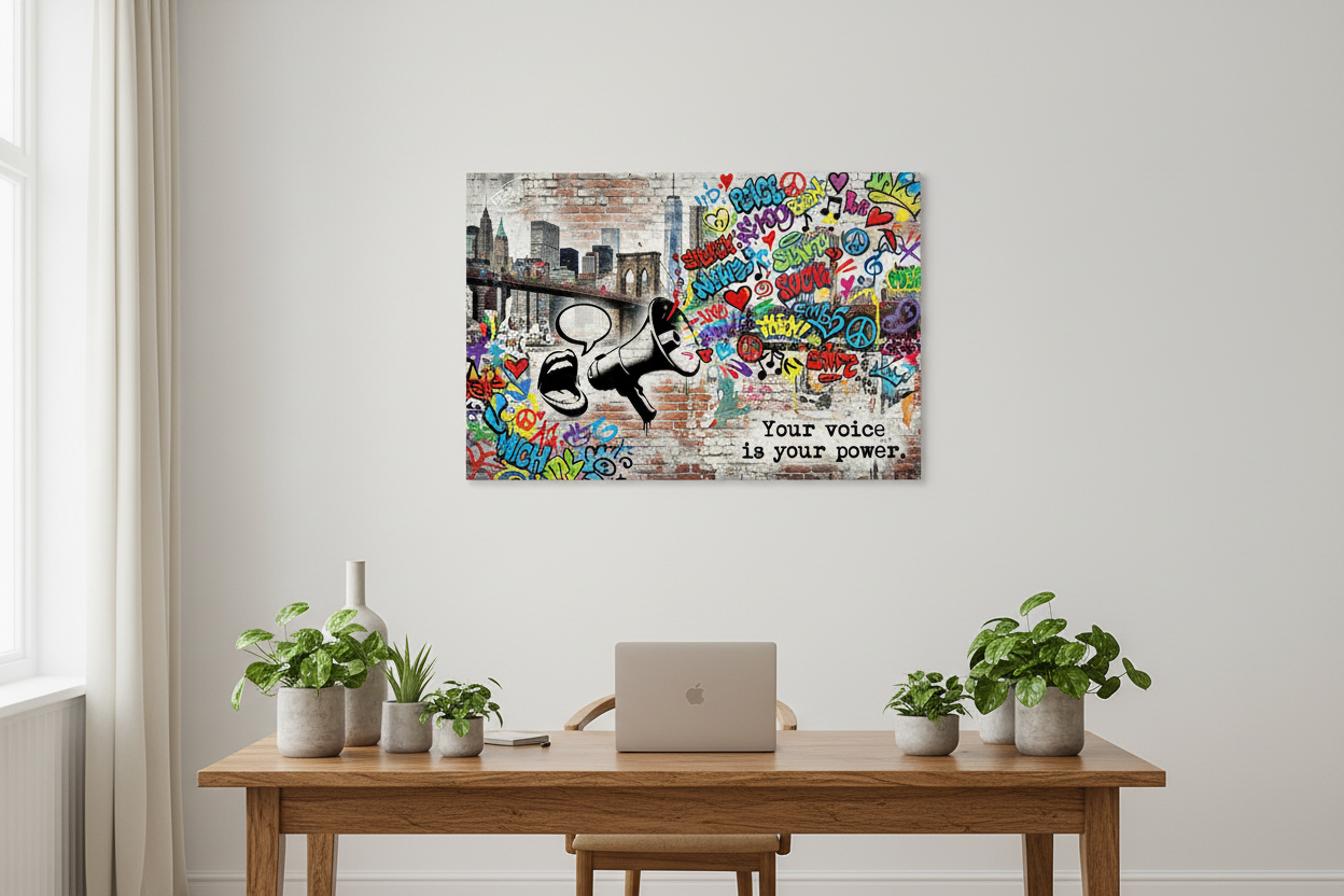 Your Voice Is Your Power Banksy-style graffiti canvas wall art with megaphone, speech bubble and vibrant colourful tags on a brick wall displayed above a desk in a bright modern home office - Portugal Canvas Co