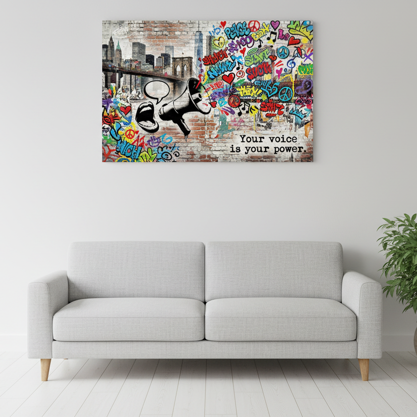 Your Voice Is Your Power Banksy-style graffiti canvas wall art showing a black and white megaphone with speech bubble against a vibrant colourful graffiti brick wall with NYC skyline, peace signs and hearts - Portugal Canvas Co