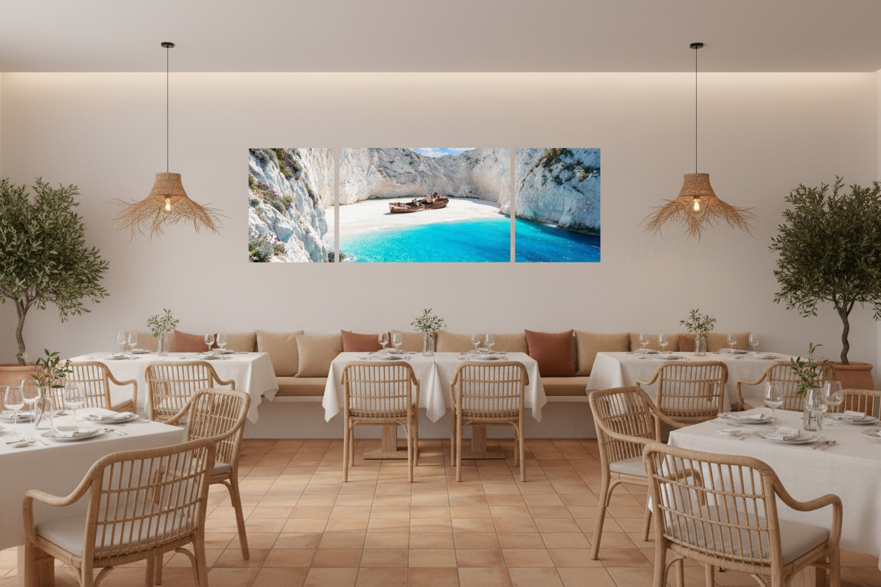 Navagio Shipwreck Beach 3-panel triptych canvas wall art displayed on the feature wall of a bright Mediterranean restaurant with rattan chairs, white linen tables and olive trees - Portugal Canvas Co