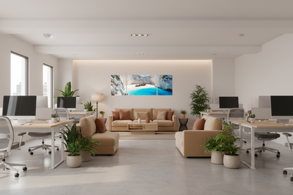 Navagio Shipwreck Beach 3-panel triptych canvas wall art displayed on the feature wall of a bright modern open-plan office with white desks, ergonomic chairs and indoor plants - Portugal Canvas Co