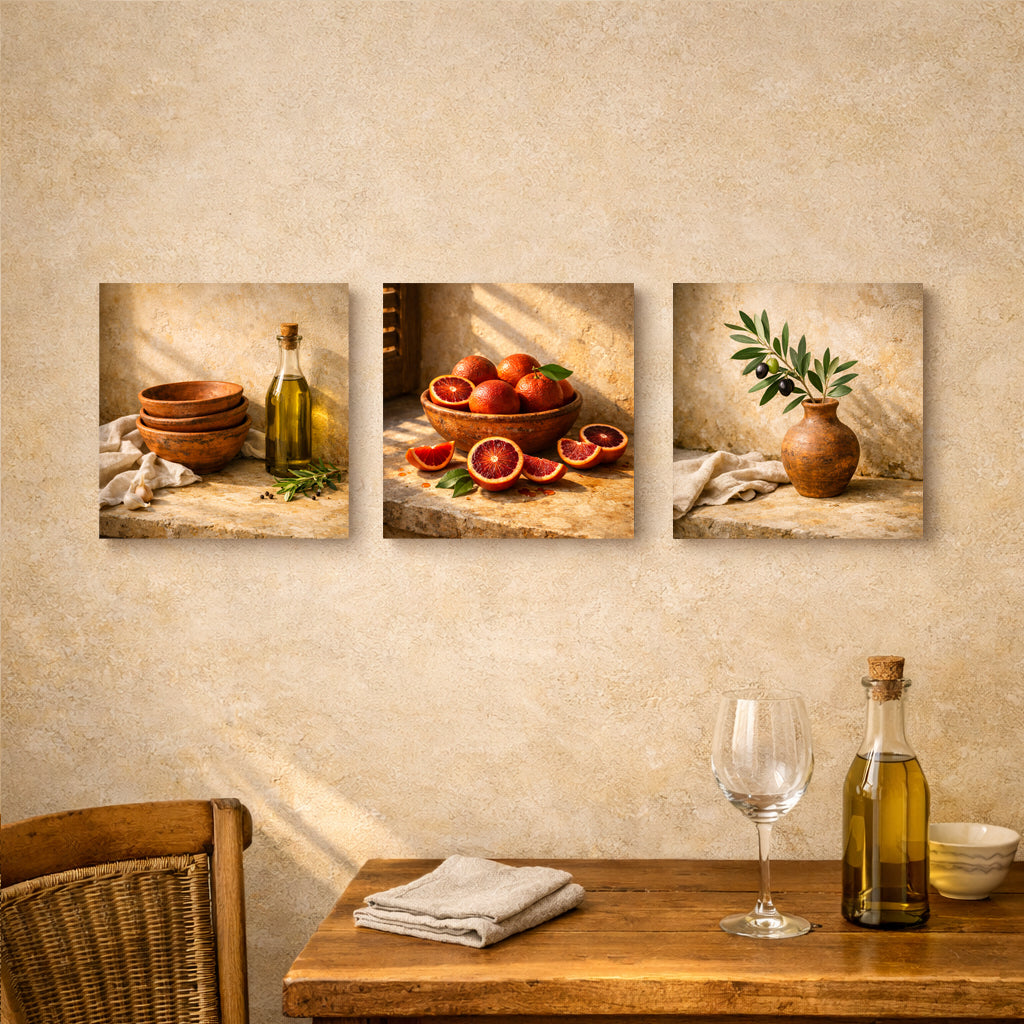 Mediterranean Kitchen Trio – Rustic Still Life Canvas Wall Art Set (3 Panels)