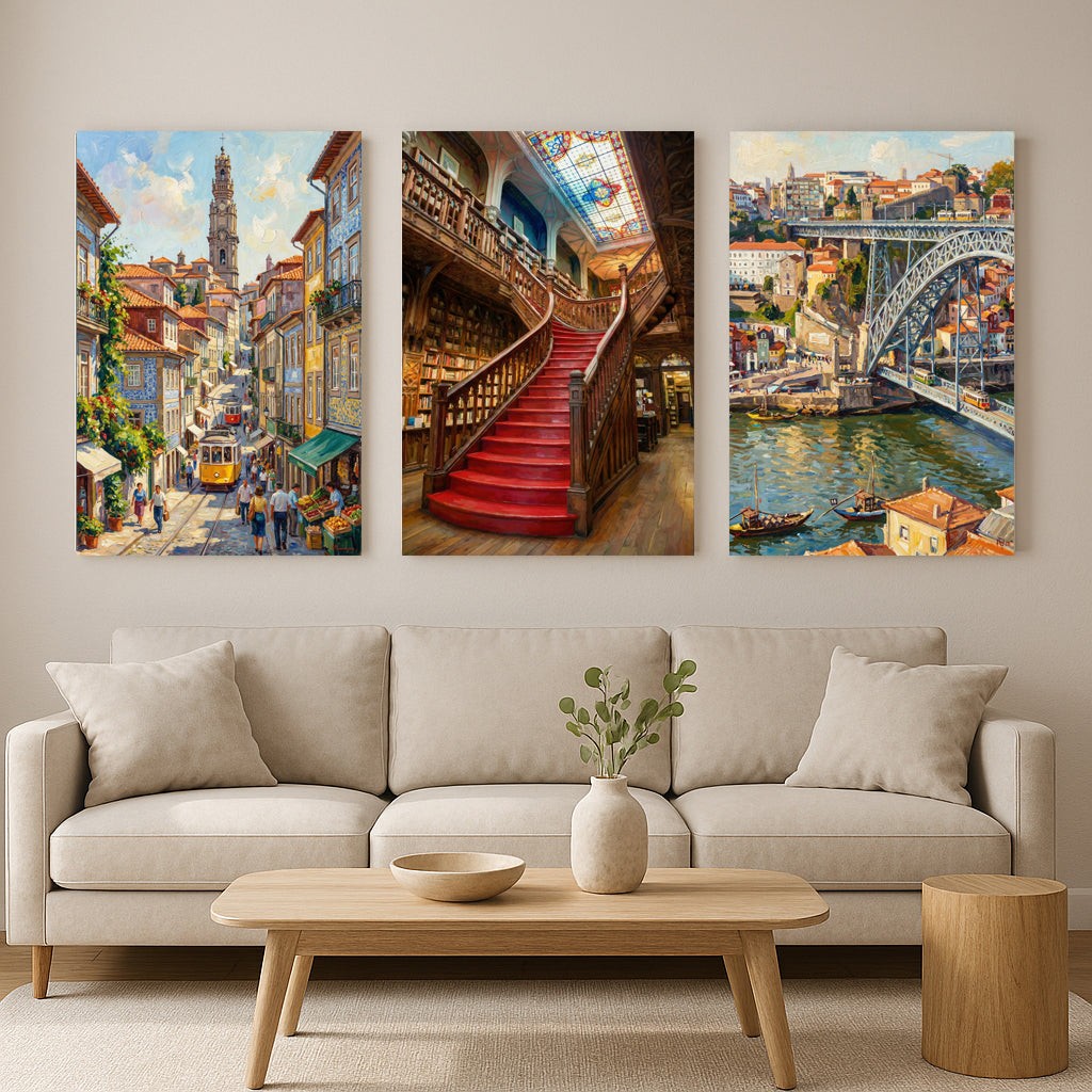 Porto Portugal Canvas Print Set – Dom Luís Bridge, Tram & Lello Bookstore