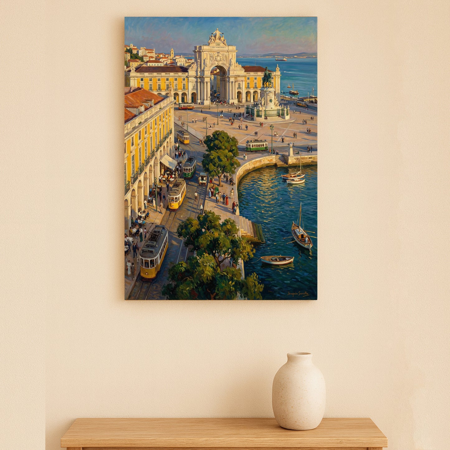 Conjunto de telas impressas de Lisboa – Arte de parede com paisagem urbana de Portugal, tríptico emoldurado